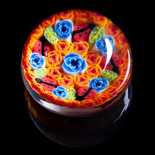 Artisan flameworked Lampwork Glass Orange and Blue Roses Millefiori Paperweight