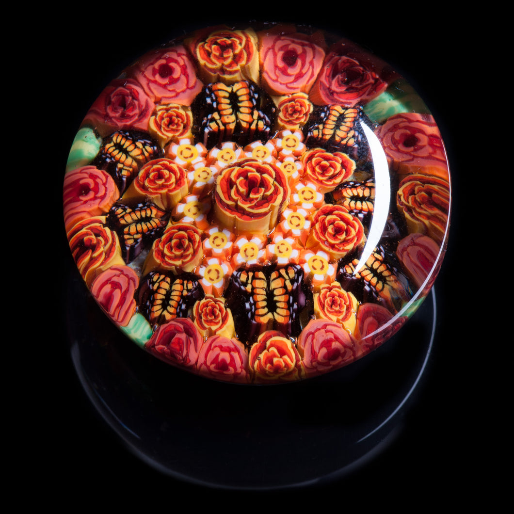 Artisan flameworked Lampwork Glass Orange Butterfly Millefiori Paperweight