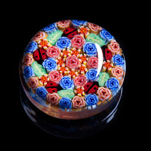Artisan flameworked Lampwork Glass Pastel Pink and Blue Roses Millefiori Paperweight