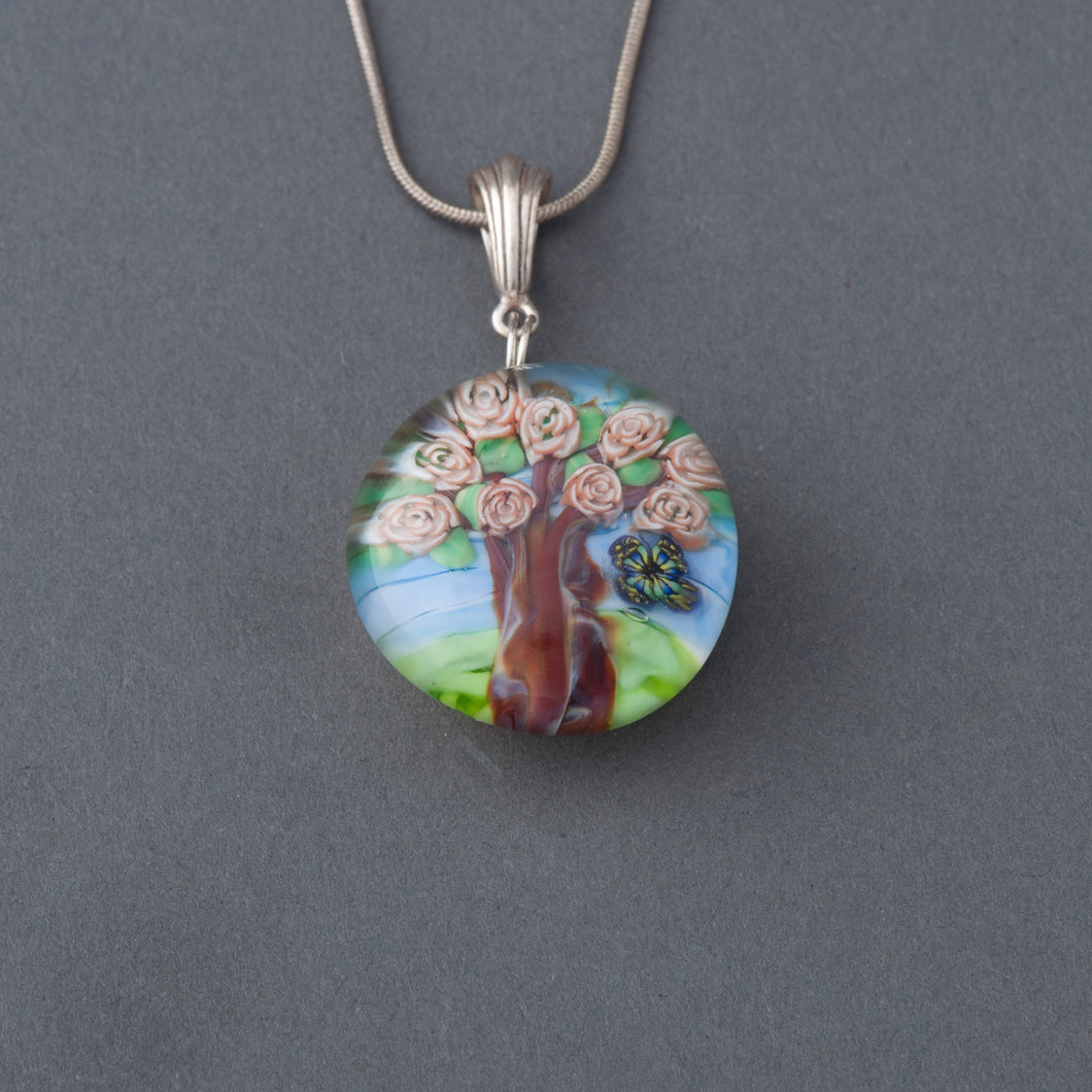 Artisan Rose Tree and Butterfly Lampwork Flamework glass pendant necklace