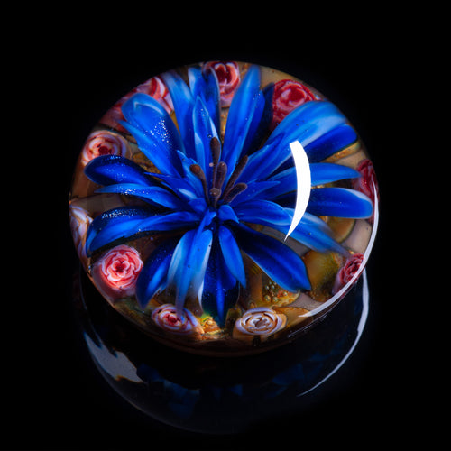 Artisan flameworked Lampwork glass Sparkle Blue Goldstone Flower Paperweight