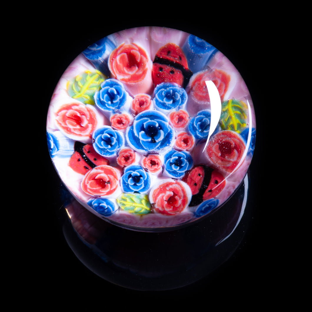 Artisan flameworked Lampwork Glass Pink and Blue Roses Millefiori Paperweight