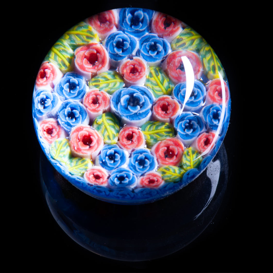 Artisan flameworked Lampwork Glass Pink and Blue Roses Millefiori Paperweight